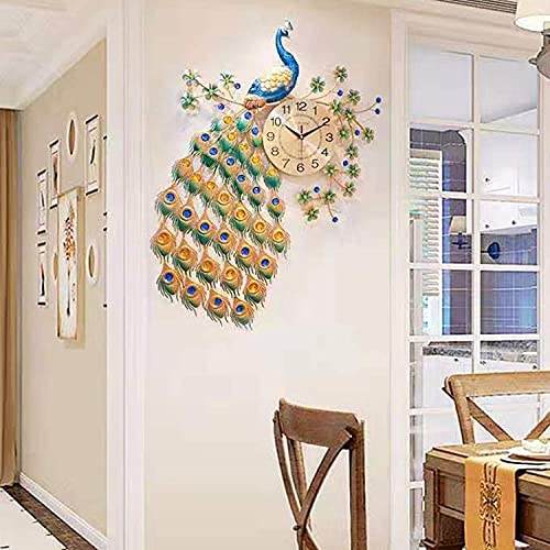 Image of RONTENO Metal 3D Peacock Big Size Analog Wall Clock For Home (Gold Blue, 32 Inches X 24 Inches) - Birds Theme