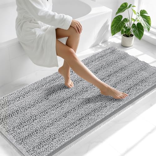 Image of Smiry Thick Chenille Bathroom Runner Rugs 59x24, Absorbent Striped Bath Mat, Machine Washable, Rubber Backing, Extra Long Bath Rugs for Tub & Shower, Modern Home Decor Accessories, Light Grey