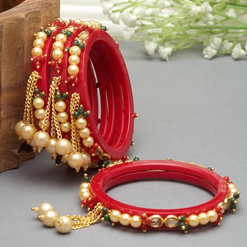 Gold-Plated Green Flower Engraved Bangles Set, Handcrafted Jewellery (Set Of 2)