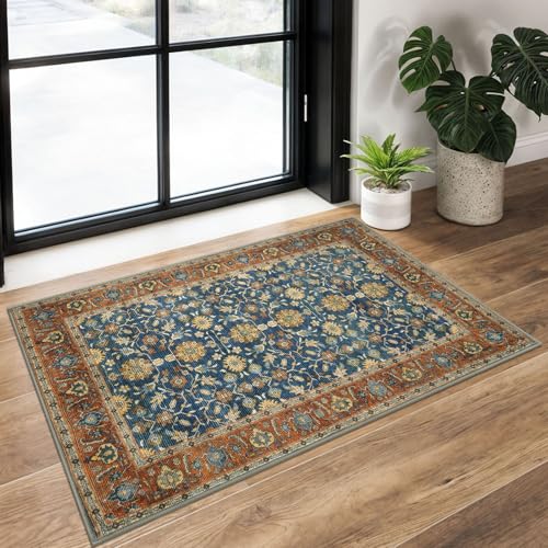 KUTA Vintage 2x3 Rugs for Entryway Washable Kitchen Rug Blue Terracotta