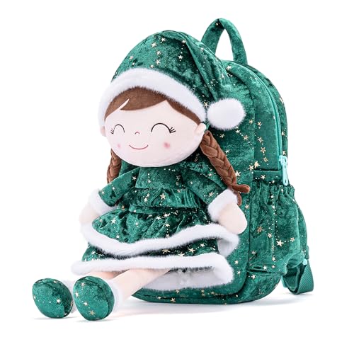Image of Gloveleya Plush Backpacks Toddler Backpack Removable Doll and Backpack Baby Girl Gifts for 2 to 8 Years Girl Birthday Gifts with Green Doll