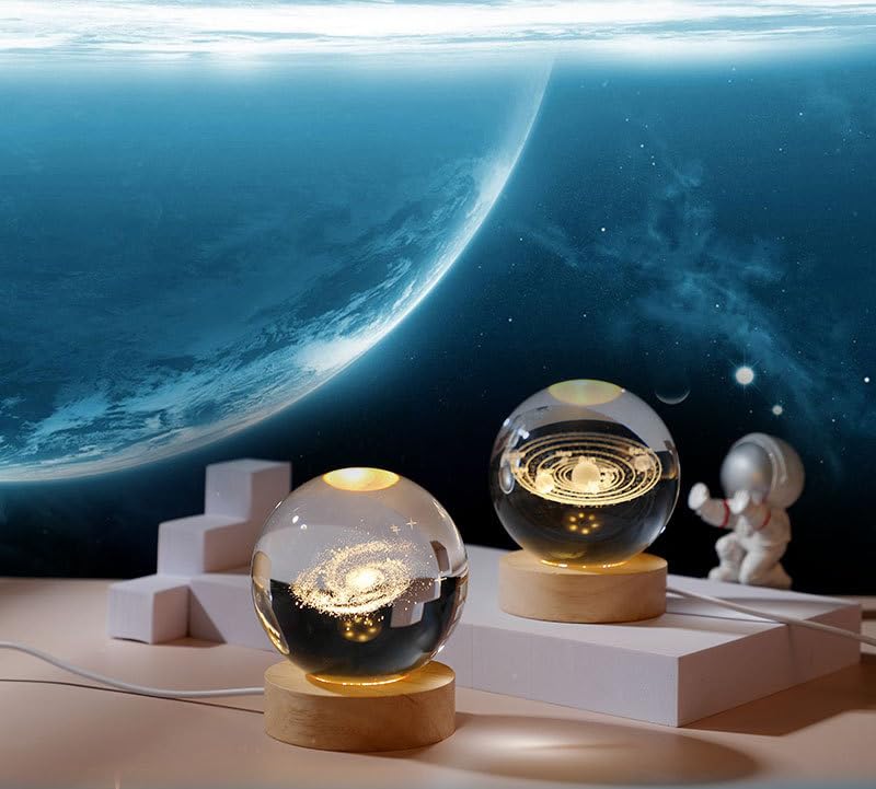 NIBHZ Luz Nocturna de Bola de Cristal 3D para niños, Planeta Galaxia calmante LED, Saturno y Luna, lámparas de Cielo Estrellado,Clear,8cm