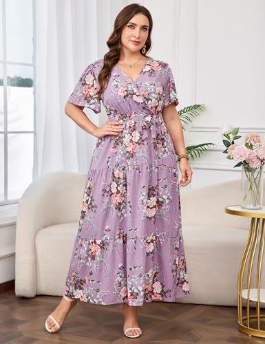 Image of ShopWonder Womens Plus Size V Neck Wrap Maxi Dress High Waist Ruffle Summer Casual Dress with Belt