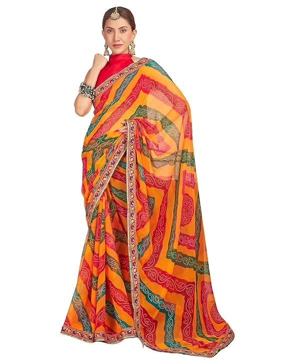 Women's Georgette Bandhani Printed Sequence Embroidery Lace Saree With Unstitched Blouse Piece