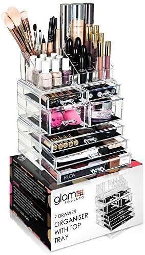 Glamsmacked Professional Clear Acrylic Cosmetic Organiser with Sliding Drawers and Top Storage Tray – Make-Up Organisation - Ideal Valentines Gift for Her (7 Drawer)