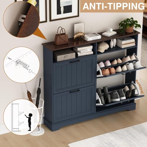 Image of Hidden Shoe Storage Cabinet with 4 Flip Drawers & Open Storage