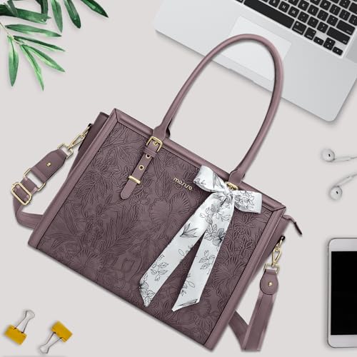 Image of MOSISO Laptop Bag for Women, PU Leather Tote Bag, Front Embossed Retro Hibiscus Computer Bags with Silk Scarf&Clutch Purse