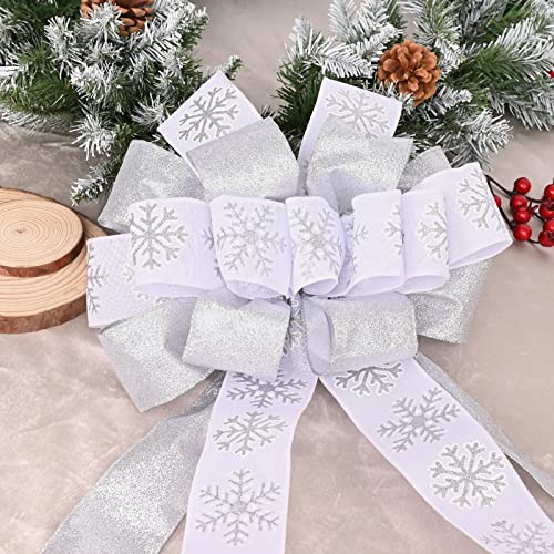 White Christmas Tree Topper, 40X13 Inches Toppers Bow With Glitter Satin Mesh Streamer And Patterned Ribbon, Christmas Tree Topper Bow For Christmas Home Decoration #TOP1