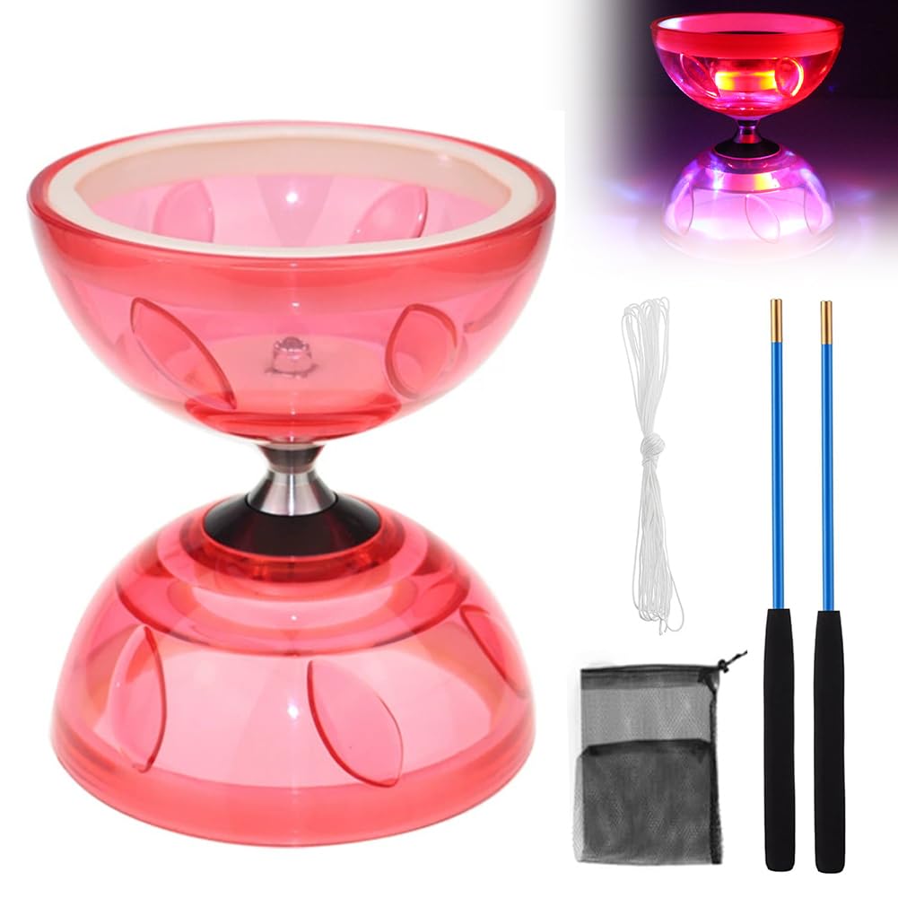 LED Diabolo Freiläufer mit Kugellager Diabolo Leuchtend im Dunkeln,4Farben Licht Diablo Jonglier Set,Dreifache Lagerung Set für Erwachsene,Anfänger Profis Freilauf Zirkus Jonglierspielzeug, Rot