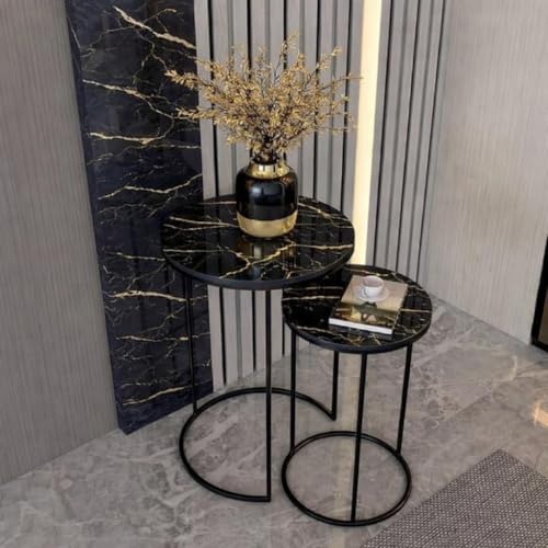 Image of Round Nesting Table Simple Modern Small Round Table MDF Top Metal Table Living Room Sofa Set of 2 (Full Black)