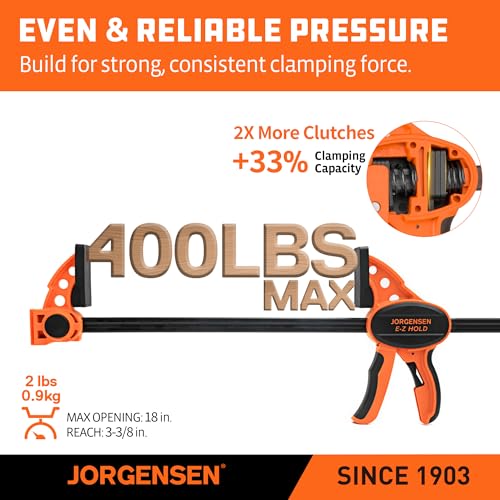 Image of Jorgensen 18 inch Bar Clamps for Woodworking, Medium Duty E-Z Hold Bar Clamp Set, One-Handed Expandable Clamp /Spreader, 400 lbs Load Limit, 2-Pack