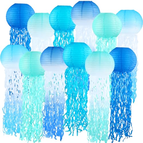 Image of Gradient Blue Jellyfish Paper Lanterns, Under The Sea Party Decorations, Hanging Jelly Fish Paper Lanterns for Mermaid Theme Party Ocean Theme Birthday Decorations Baby Shower Baby Room, 12pcs
