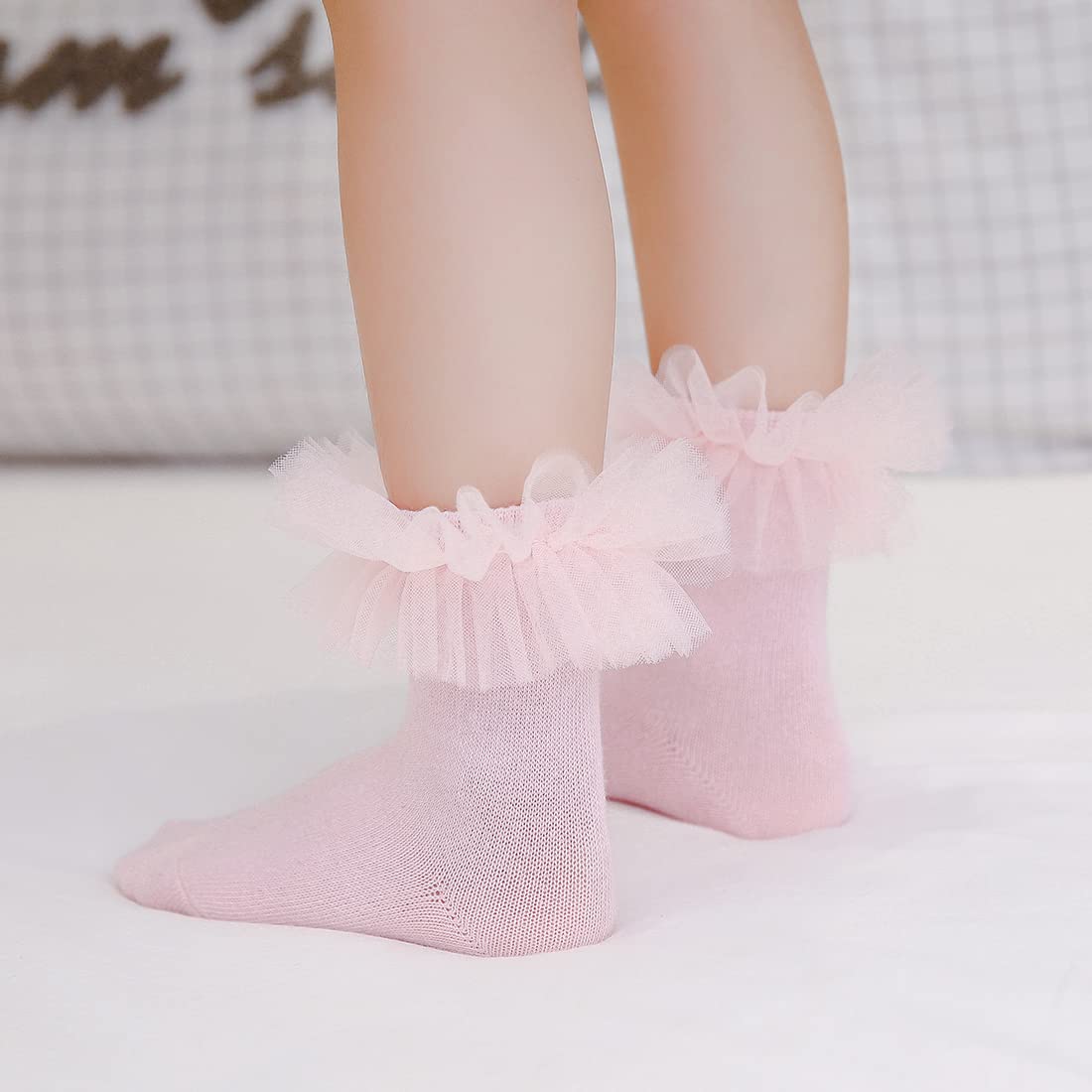 HOUSEYUAN Calcetines de vestir para niñas pequeñas, con volantes, de algodón, de punto, con volantes, color blanco