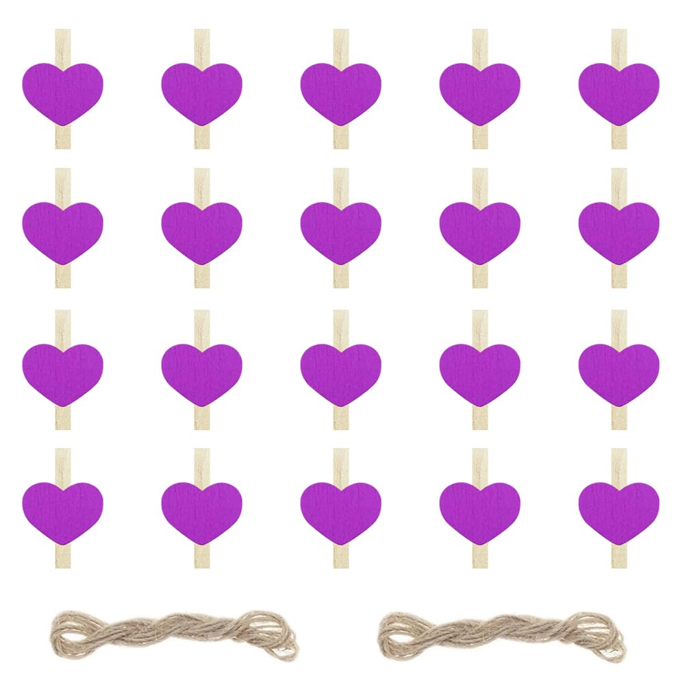 SaktopDeco Mini Heart Wooden Clothespins Small Decorative Clips with Jute Twine