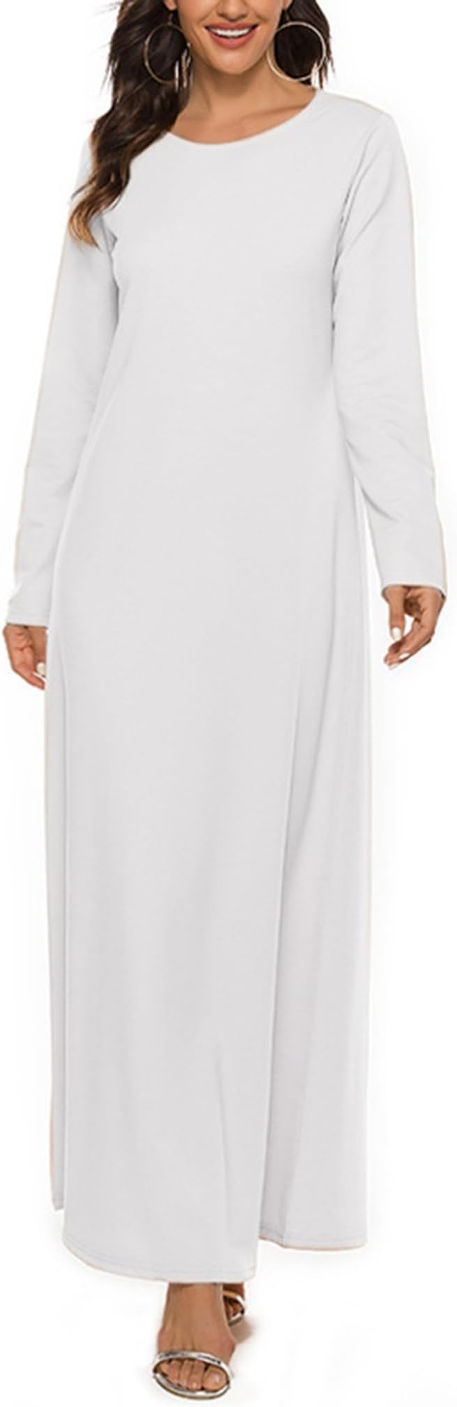 Womens Solid Muslim One-Piece Prayer Dress Arabian Round Neck Long Sleeve Islamic Abaya Robe