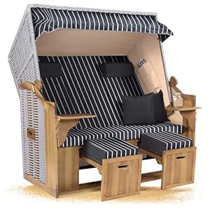 Strandkorb Hanse Ostsee XXL 2, 5 Sitzer Volllieger Weiß 150cm breit, ideal für Garten, Terrasse und Balkon (Grau Weiß Nadelstreifen, Zerlegt)
