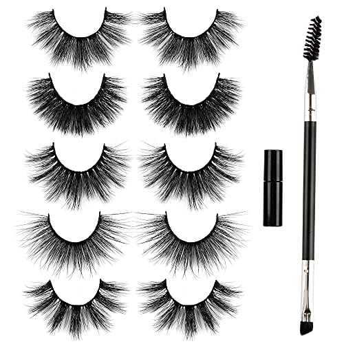 3D Faux Mink Lashes Fake Eyelashes Natural 5 Pairs Fluffy Volume Wispy False Eyelashes Reusable 3D Makeup Eye Lashes Pack with Glue & Eyebrow Brush
