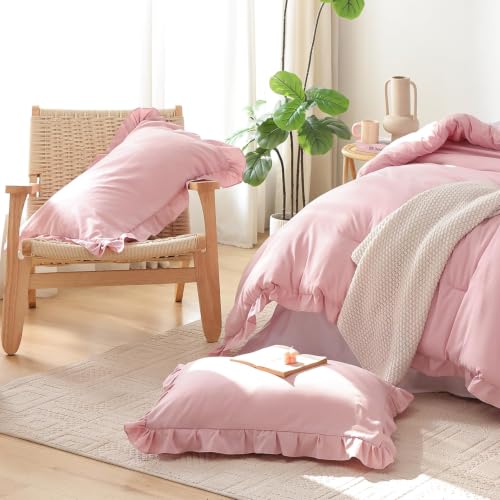 Image of JANZAA Baby Pink Comforter Set Twin - Soft Microfiber, Lightweight All Season Bedding, Ruffle Shabby Chic Aesthetic, Breathable Cozy Bed Set with 1 Pillow Shams, Machine Washable
