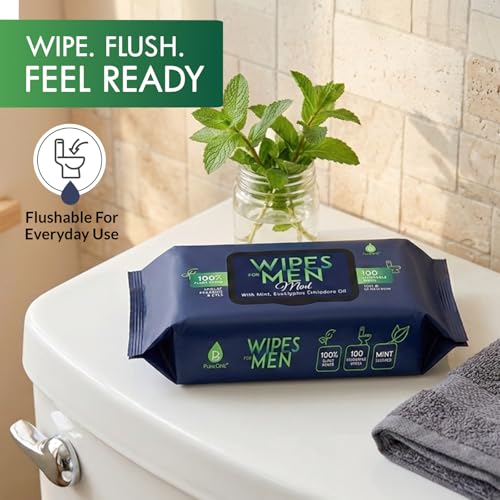 Image of Pursonic Soft Mint Flushable Wipes for Men - 4 Packs of 100ct (400 Total) - Plant-Based Face & Body Wipes with Aloe Vera & Vitamin E - Extra Large for Gentle & Thorough Cleansing