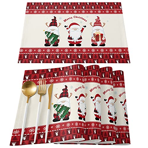 Artwork Store Merry Christmas Placemats Set of 6,Cotton Linen Table Mats Non-Slip Washable Cute Gnomes Snowflake Xmas Tree Reindeer Plaid Placemat for Holiday Party Dining Kitchen Table Decor
