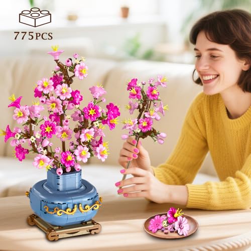 Image of HOGOKIDS Flower Cherry Blossom Building Set 2 in 1 Bonsai Tree for 8-12+ yr | Artificial Botanicals Building Blocks Home Office Decor, 775PCS Flowers Plants Birthday Christmas Gift for Adults Teens Girls