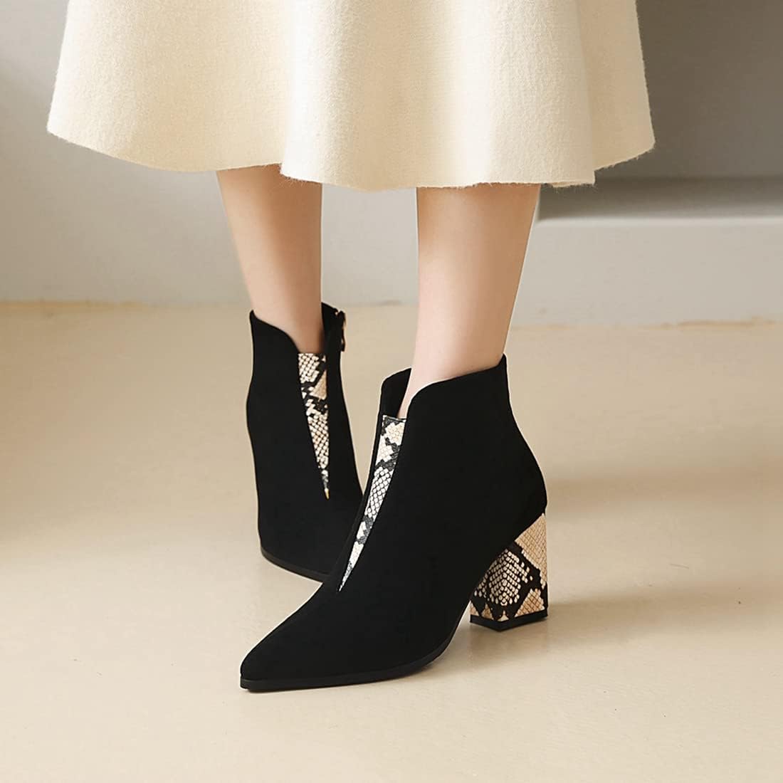 VOKLIN Women's Fashion Pointed Toe Dressy Ankle Boots Zipper Chunky Block High Heels Western Short Booties