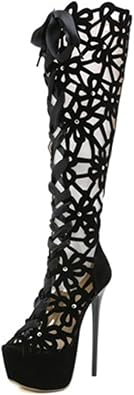 Womens Criss Sross Strappy Peep Toe Boots Cut Out Platform Knee High Gladiator Stiletto Sandals