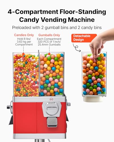 Image of VEVOR Candy Vending Machine, Four Compartment Candy Vending Machine with Stand, Gumball & Candies Vendings Machines with Adjustable Height, Vintage Candies Dispenser for Shop, Arcade, Family Gathering