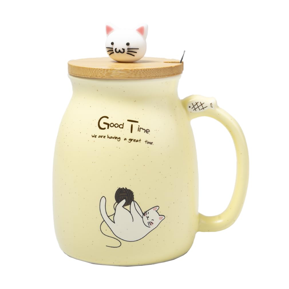 lachineuse Kawaii Cat Mug 450 ml Yellow with Lid and Spoon
