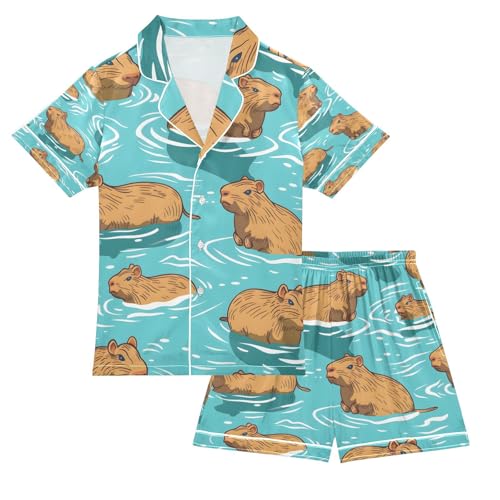 senya Capybaras in The Water Satin Summer Pajama Sets Silk Short Sleeve Button Down Sleepwear