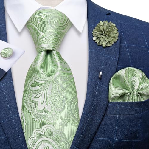 Image of DiBanGu Silk Ties for Men Necktie and Lapel Pin Brooch Set Formal Woven Paisley Plaid Striped Solid Tie Wedding Party