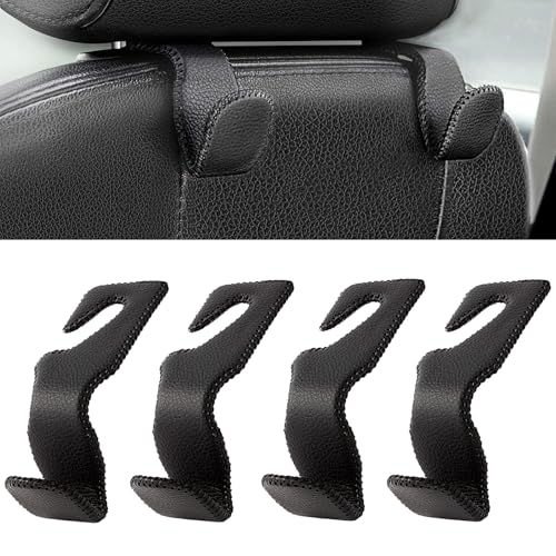 AMVOYOA Headrest Hooks for Car, Back Seat Organizer Black Leather Hanger Holder Hook, for Hanging Purses and Bags and Coats, Pack of 4