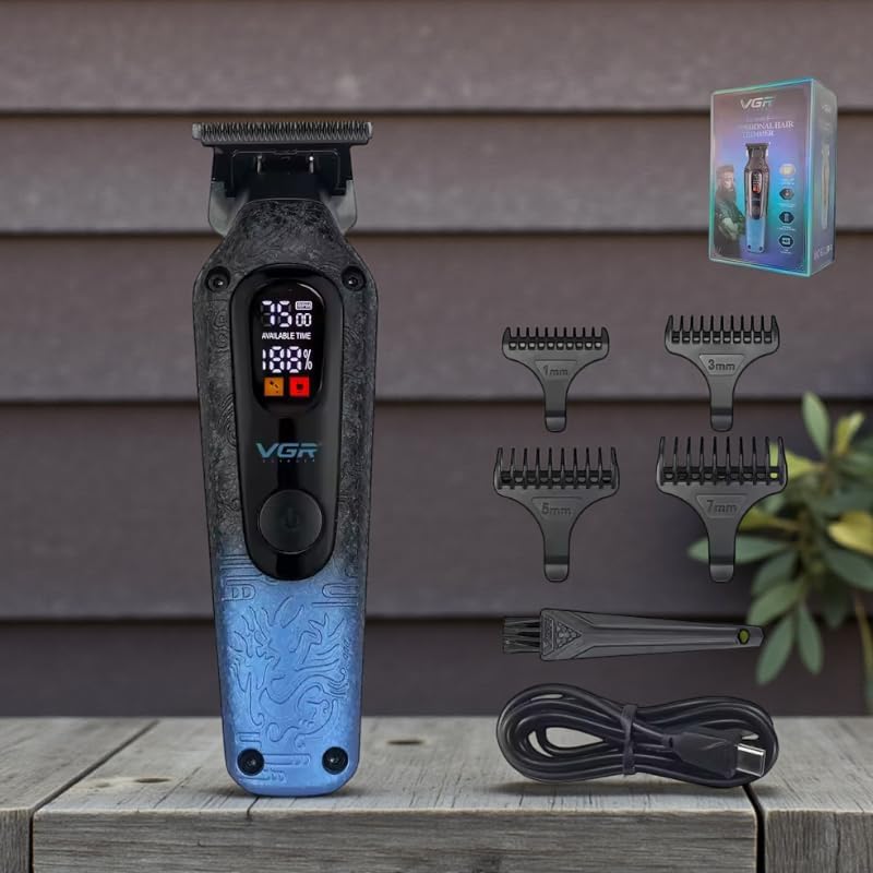 VGR V-879T Hair Clipper in blue with included accessories: 4 guide combs, cleaning brush, and USB charging cable.