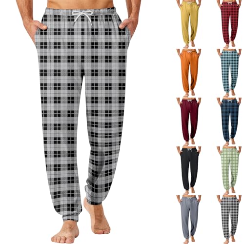 Mens Sleep Pants Lightweight Loungewear Plaid Pajama Pants with Pockets Big and Tall Drawstring Jogger Bottoms