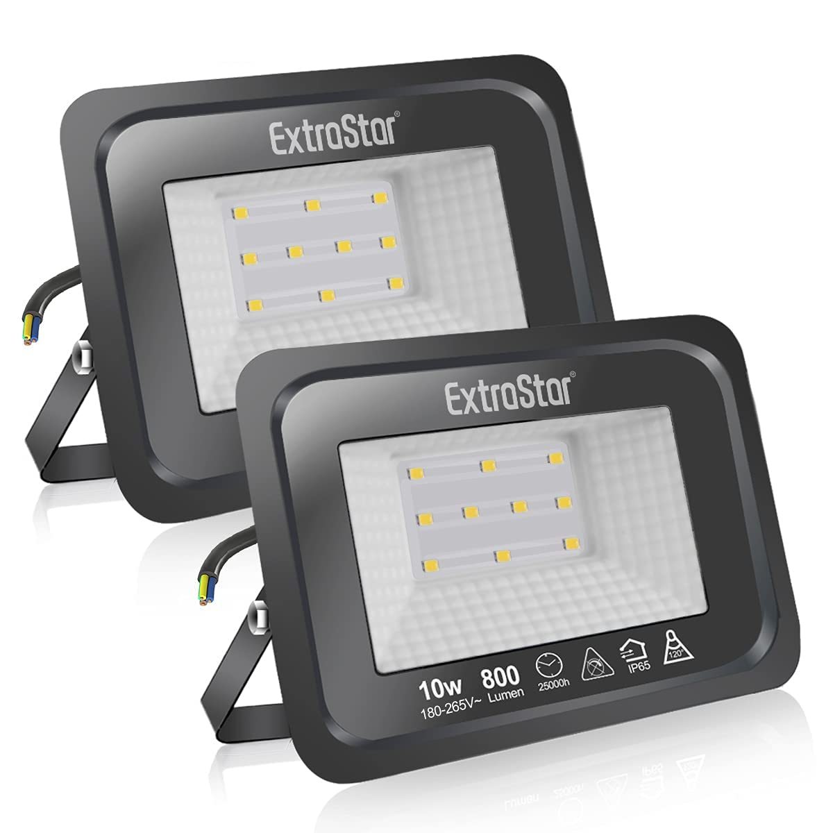 EXTRASTAR 10W LED Floodlight Outdoor, 800LM Super Bright LED Security Lights, IP65 Waterproof Flood Light Wall Lights for Garden, Garage, Warehouse, Backyard and More - 3000K Warm White, 2 Pack
