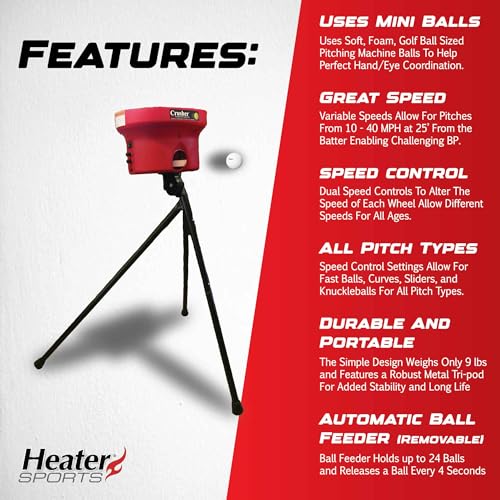 Heater-Sports-Crusher-Pitching-Machine–Pitches-Fastballs-Curveballs-Accurate-Adjustable-Compact-High-Performance-Includes-1-Dozen-White-Mini-Balls-Ideal-for-Baseball-Softball-Training Heater Sports Crusher Pitching Machine–Pitches Fastballs Curveballs Accurate Adjustable Compact High Performance Includes 1 Dozen White Mini Balls Ideal for Baseball Softball Training