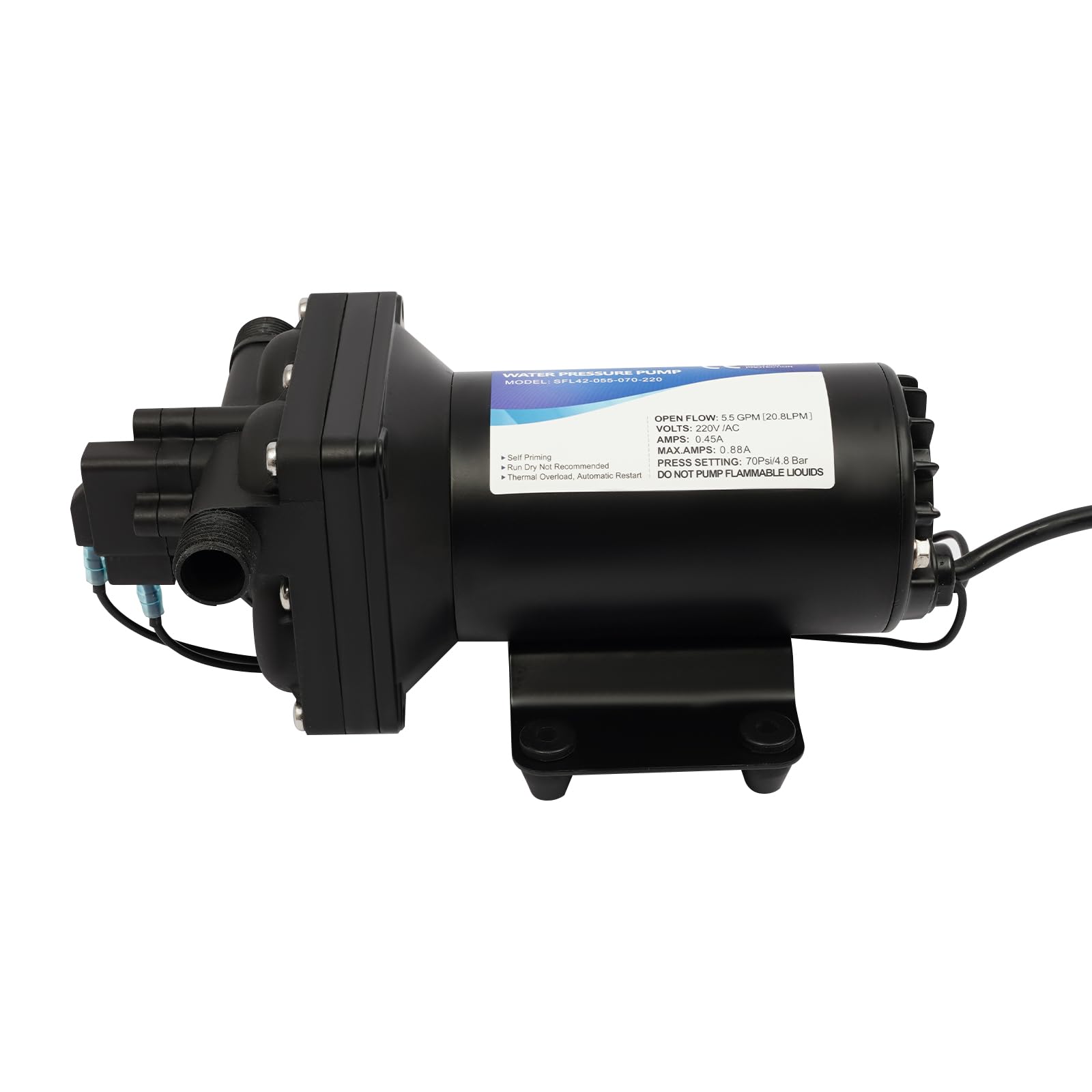 Membran-Druckpumpe 184 W, 20 l/min, Saughöhe 3 m, Förderhöhe 40 m, Druckwasserpumpe (2,4–5,6 kg), Ein-/Auslass φ20 mm (Außengewinde), Membranpumpe mit 1/2 Zoll Schlauchanschluss für Camping, Boote