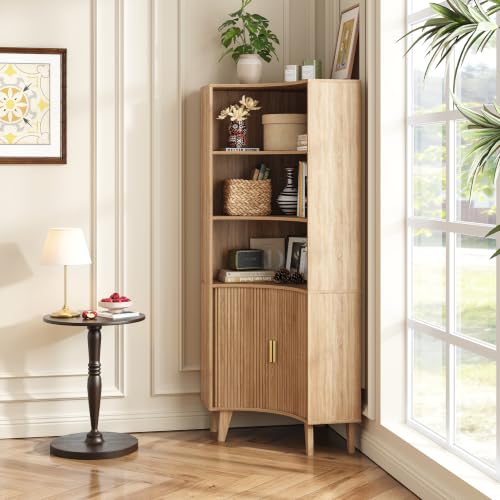 Image of Tall Corner Cabinet with Fluted Doors, 5-Tier Coffee Bar Cabinet with Storage, Narrow Storage Cabinets with Adjustable Shelves, Bathroom Organizers and Storage for Small Space, Natural