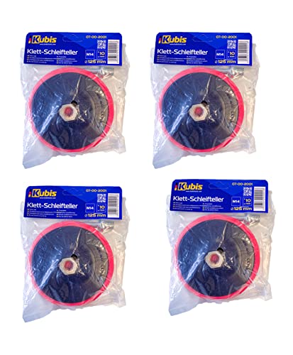 4 Stück KUBIS® Schleifteller mit Klett M14 125mm inkl. Spanndorn für Bohrmaschine/Winkelschleifer - Ø 125 mm - Schleifpapierteller für Exzenterschleifpapier | Schleifteller | Polierscheiben Cover