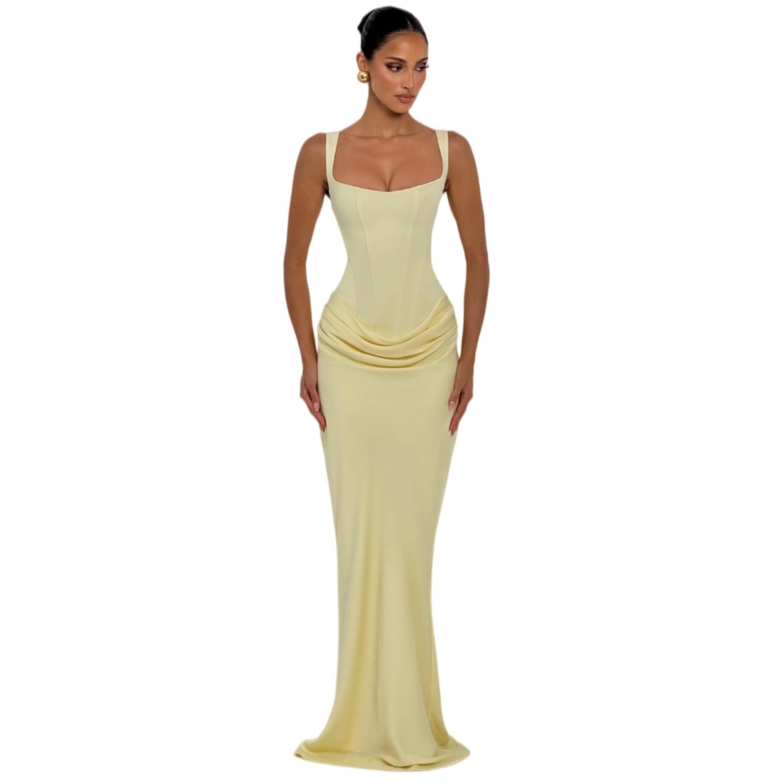 Vestito Donne Elegante Maniche Senza Schienale Maxi Abito Collo Basso Ruched Slim Fit Piegato Design Festa Banchetto Chic Lungo Vestidos-White-l