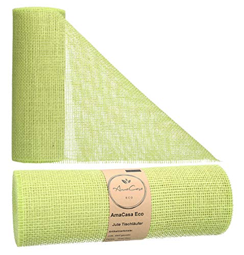 AmaCasa Eco Tischläufer Jute 30cm breit, 10m Rolle | gestärkter Jutestreifen mit kompostierbarem Etikett | Tischband für Tischband für wundervolle Dekorationen in vielen Farben (Apfelgrün, 30cm/10m)