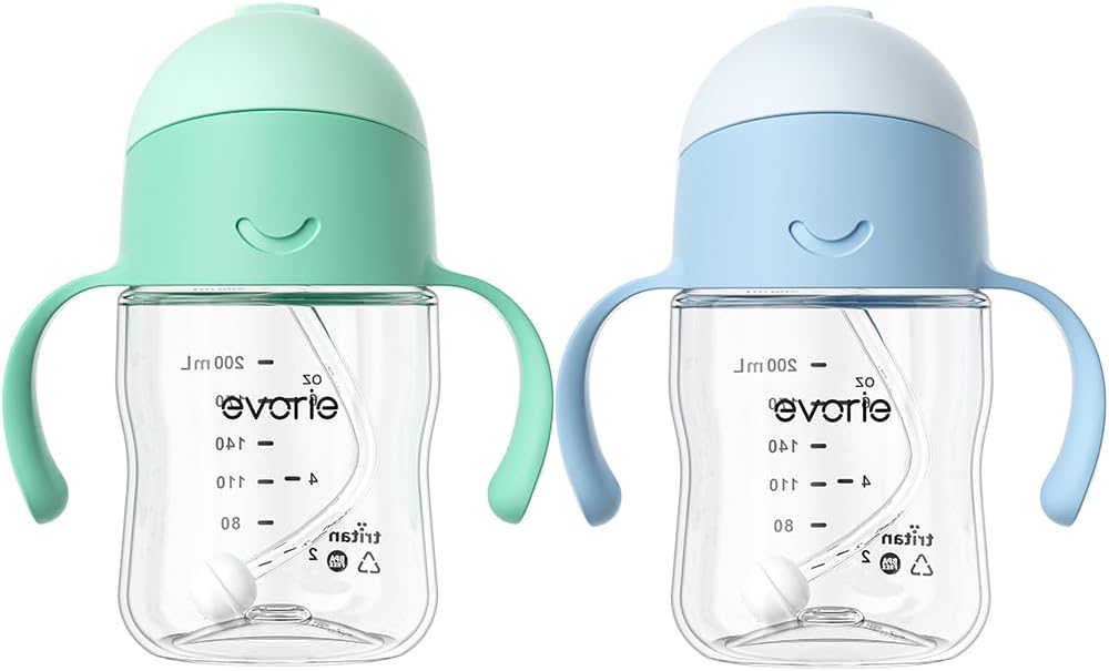 Evorie Tritan Weighted Straw Baby Sippy Cup 7 Oz Leak Poof with Handles for 6 Months and up, 2 Pack (Blue and Mint)