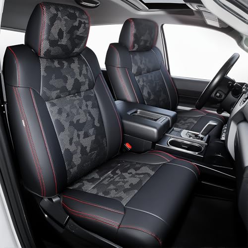 Carlimeki Leather Seat Covers Custom Fit for Tundra 2014-2021 CrewMax SR SR5 Limited Platinum 1794 Edition TRD Pro Capstone - Premium Faux Leather Fully Covered - Camo Black