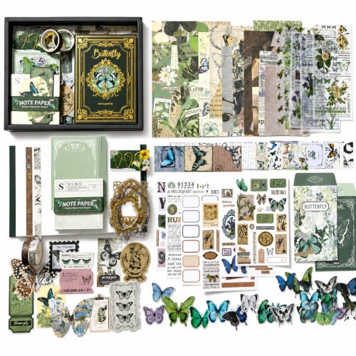 Image of RANDEN journaling kit Aesthetic Stuff Vintage Journal Kit Supplies - 346PCS Scrapbook Stickers & DIY Craft Set for Bullet Journals, Planners, Albums & Notebooks (Green Butterfly)