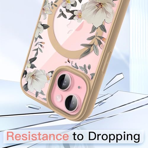 Image of VONZEE Compatible with iPhone 15 Case Luxury Retro Flowers Floral Clear for Magnetic Wireless Charging Case Shockproof Case PC+TPU Cute Glossy Shiny Cover for Girls Women, 6.1'' Desert Titanium
