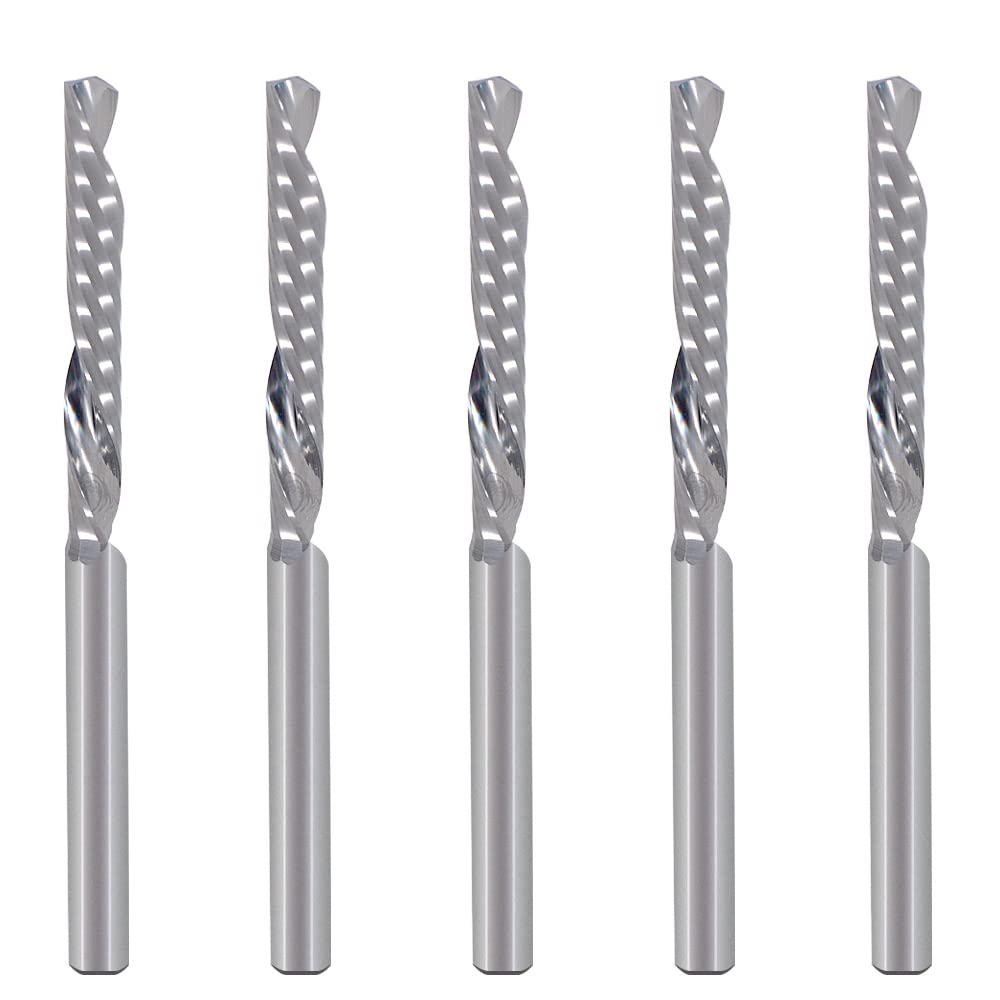 1/8 Inch Down Cut Single Flute (O Flute) Spiral End Mill CNC Router Bits ,with 1/8 Inch Cutting Dia，0.87 Inch Cutting Length for Acrylic PVC MDF Wood Pack of 5 (3.175*3.175*25mm)