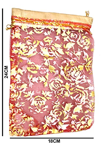 Image of 10 Inch X 7 Inch Net Fabric Drawstring Pouch For Dry Fruits Packing, Organza Shagun Potli, Golden Print Potli Bags For Wedding Favor Gift Bags (Pack Of 100, Gold, 25 Cm X 18 Cm)