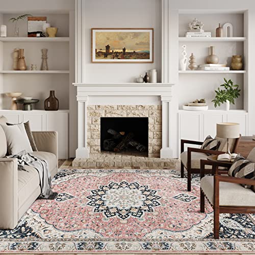 Zesthome 5X7 Area Rugs - Ultra-Thin Machine Washable Rug- Stain Resistant Non-Slip Persian Rugs For Living Room, Boho Vintage Floral Area Rug (Pink/Multi,5'X7') #TOP2