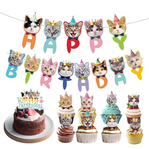 Huakaile Décoration fête chat banneau gâteau 8 cupcake toppers