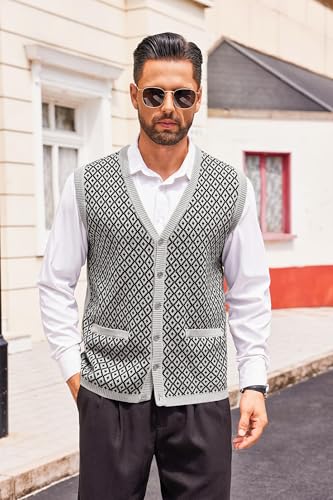 Runcati Mens Sleeveless Sweater Vest V Neck Button Down Cardigan Sweaters Knitted Argyle Vest with Pocket2